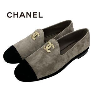 Chanel Flat Shoes Suede Gray Black Gold Here Mark Loafers